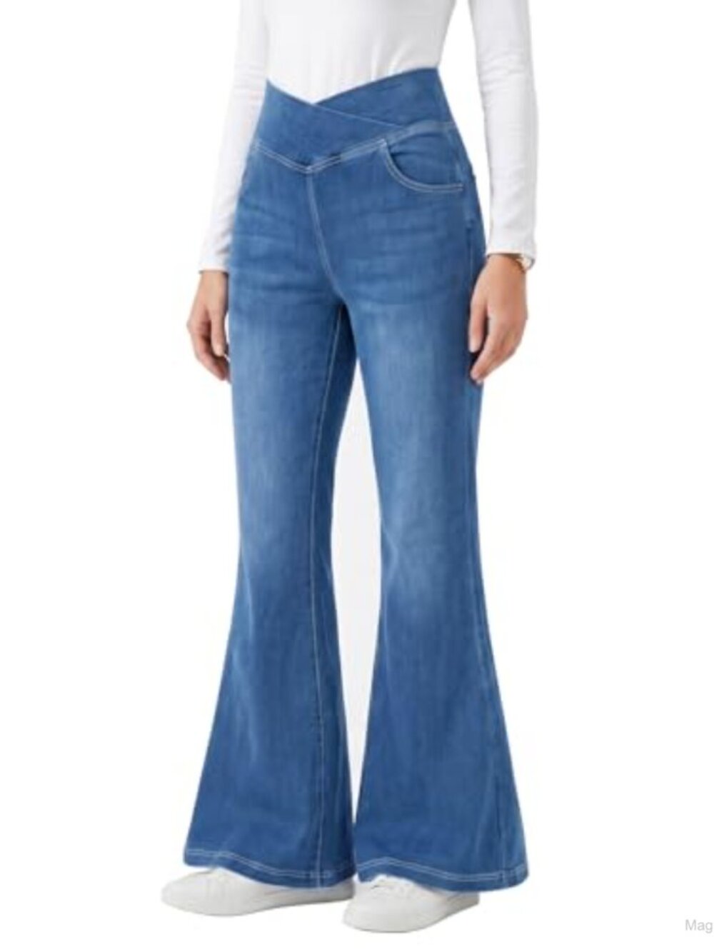 Women's Stretchy High Waist Flare Jeans Pull On Bootcut Denim Pants Pockets
